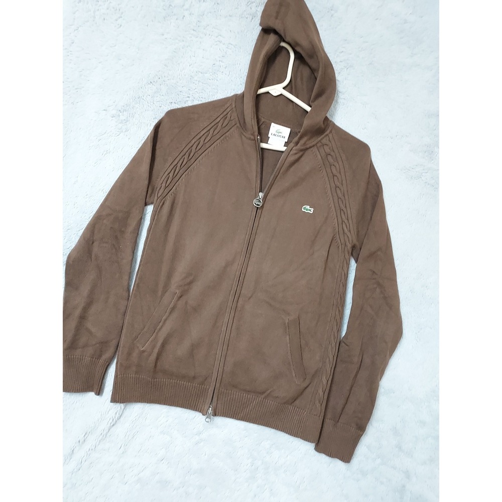 Lacoste Sweater Womens 40 Full Zip Hooded Brown Knit Cotton Blend Lightweight